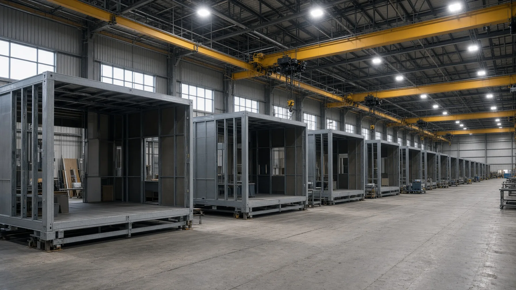 Rows of volumetric steel modules on the Domo factory floor